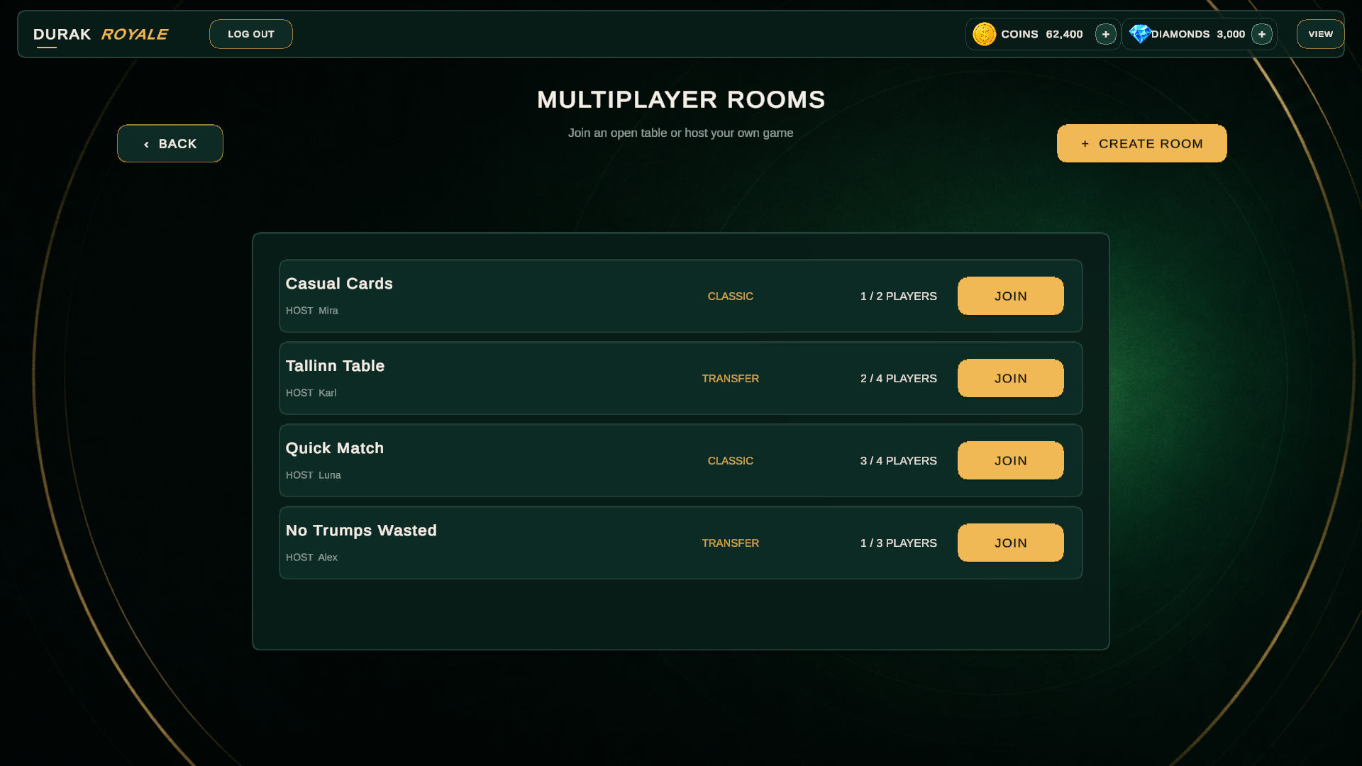 Durak Royale multiplayer room browser