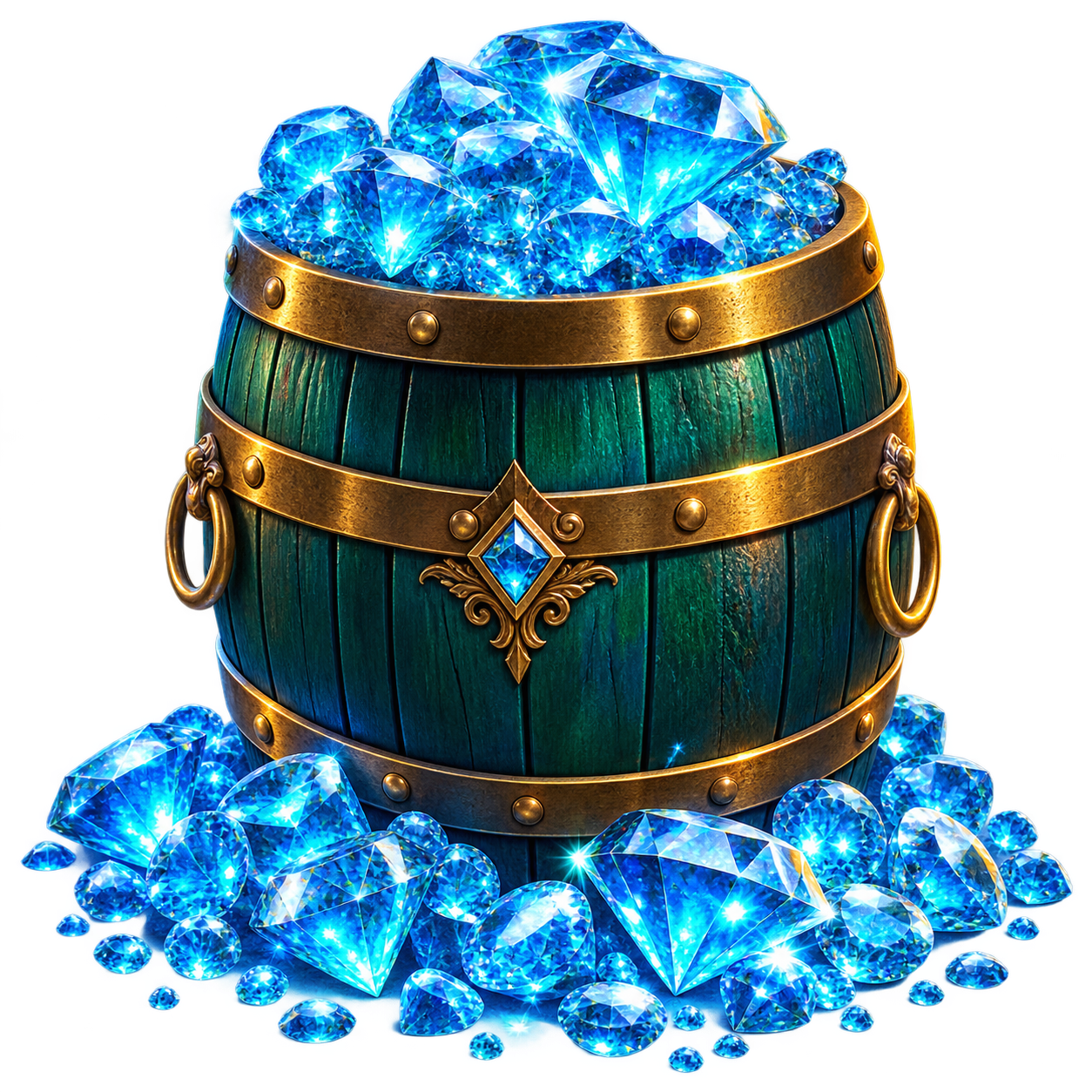 A large barrel overflowing with blue diamonds