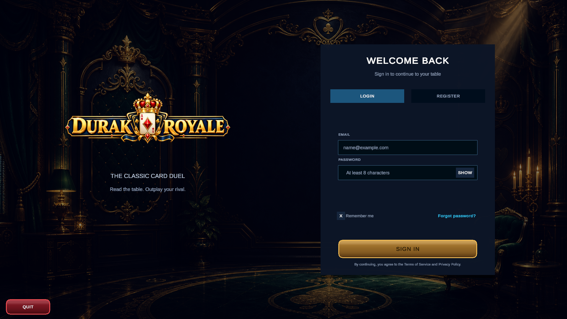 Durak Royale login and registration screen